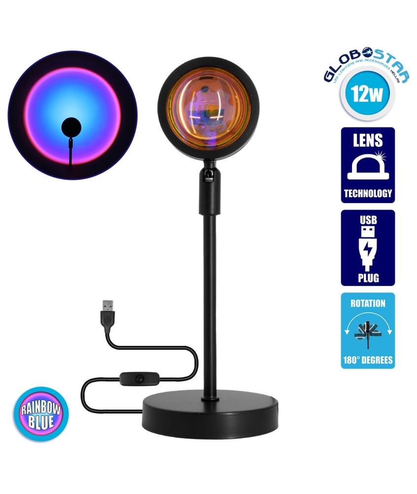 GloboStar® 00812 Επιτραπέζιο Φωτιστικό Πορτατίφ LED 12W 600lm 180° DC 5V IP20 Μπλε - Μωβ - Ροζ RAINBOW EFFECT Μαύρο Μέταλλο με Διάφανο Πλαστικό - Μ10 x Π10 x Υ26.5cm - 2 Xρόνια Εγγύηση